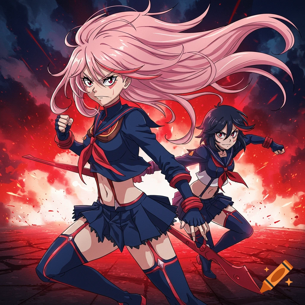 Two anime girls, one with pink hair, in dynamic poses against a fiery red background, in Kill la Kill style.