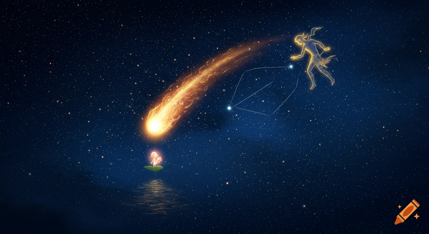 A stylized illustration of a glowing comet heading toward a small luminous figure on a leaf in water, under a starry sky with a constellation.