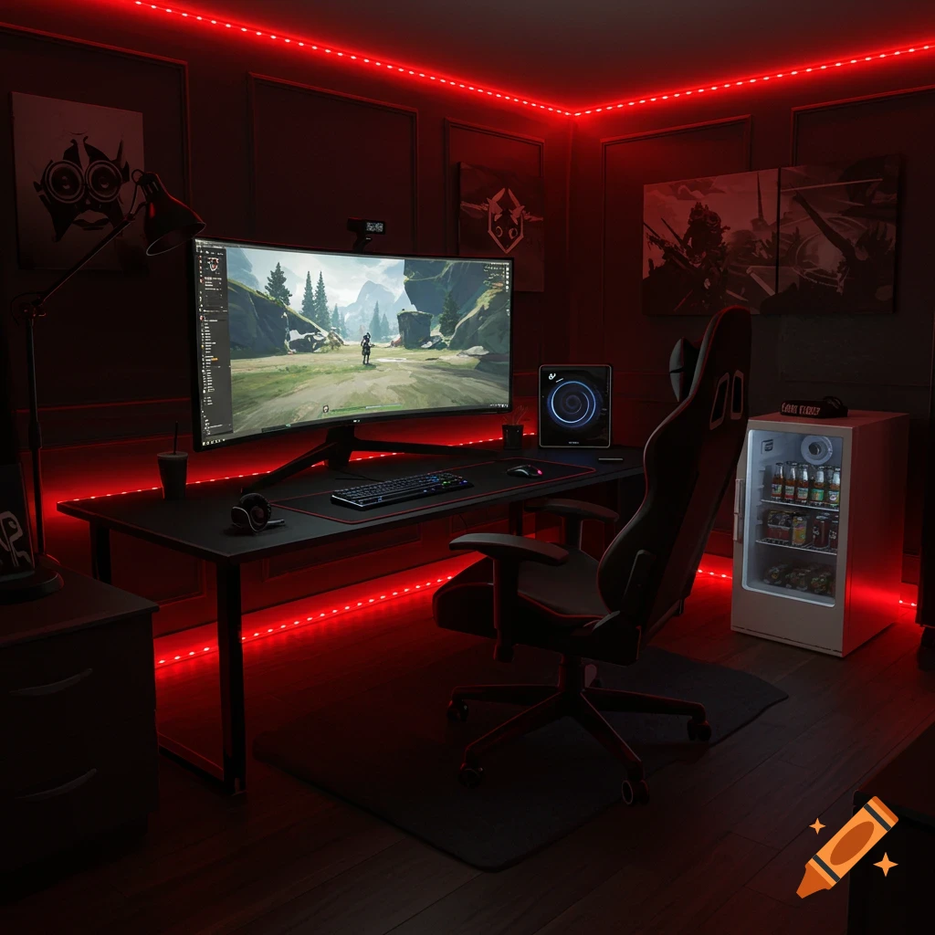 Dark gaming room illuminated by red LED strips, with a curved monitor displaying a video game, a gaming chair, and a mini-fridge.