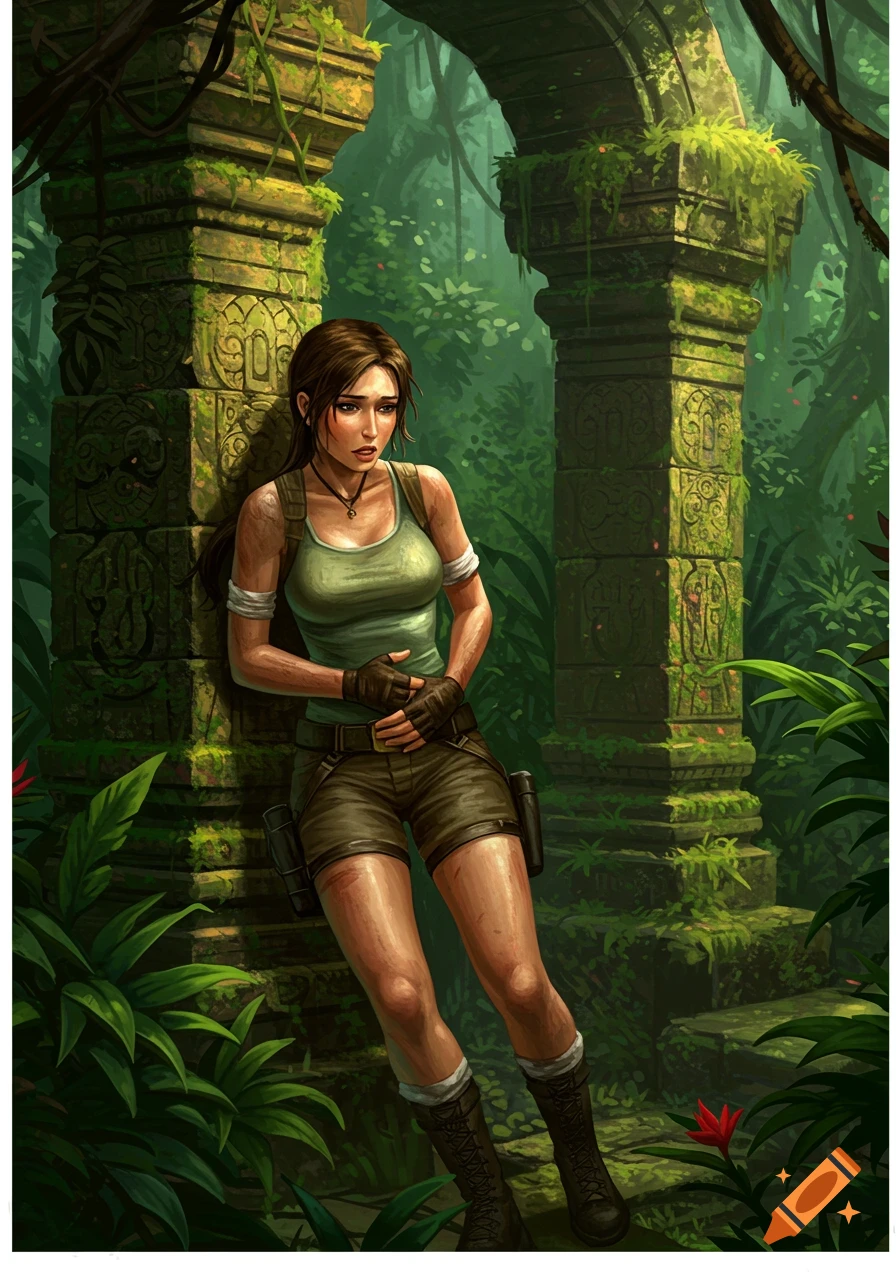 Lara Croft, looking distressed and holding her stomach, leans against a moss-covered stone pillar in lush jungle ruins. Digital painting.