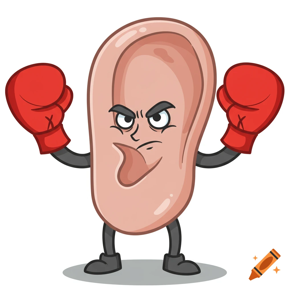 Cartoon human ear with a confident expression, wearing red boxing gloves, standing in a comic style.