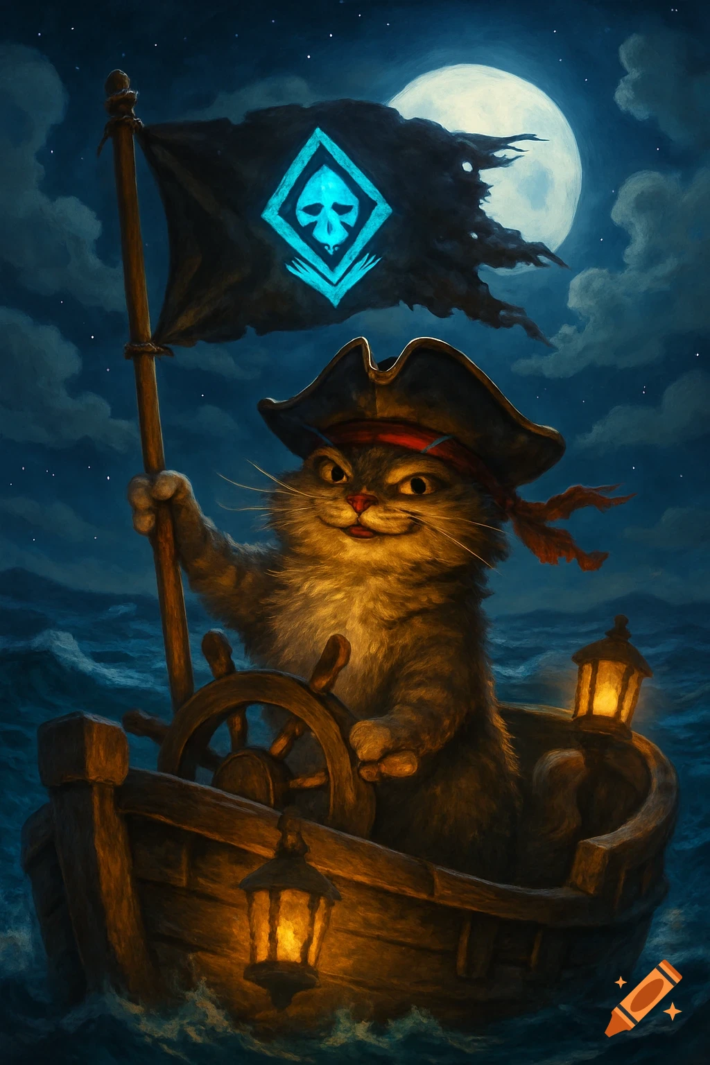 A whimsical pirate cat in a tricorn hat steers a wooden boat at night, holding a mast with a glowing blue skull flag under a full moon.