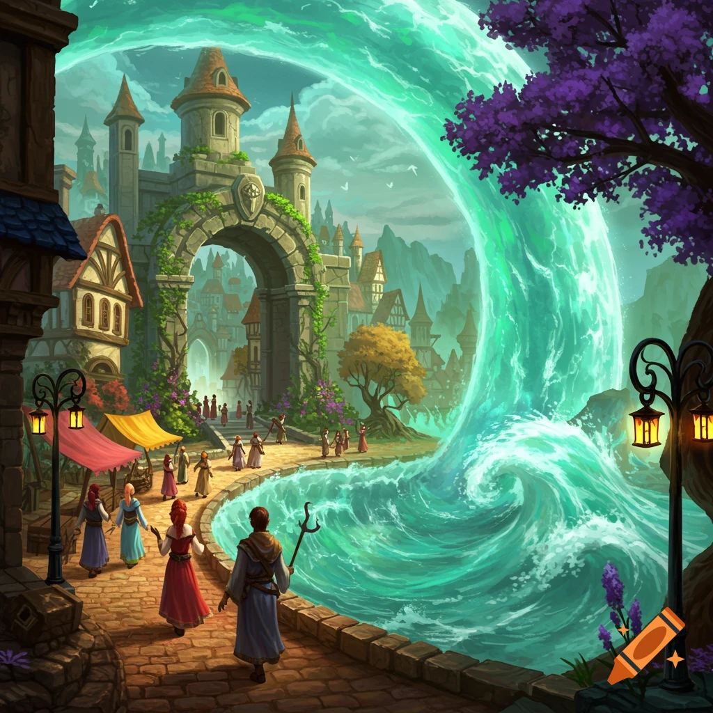 A vibrant fantasy town with an ancient archway and bustling people, adjacent to a swirling turquoise magical water barrier.