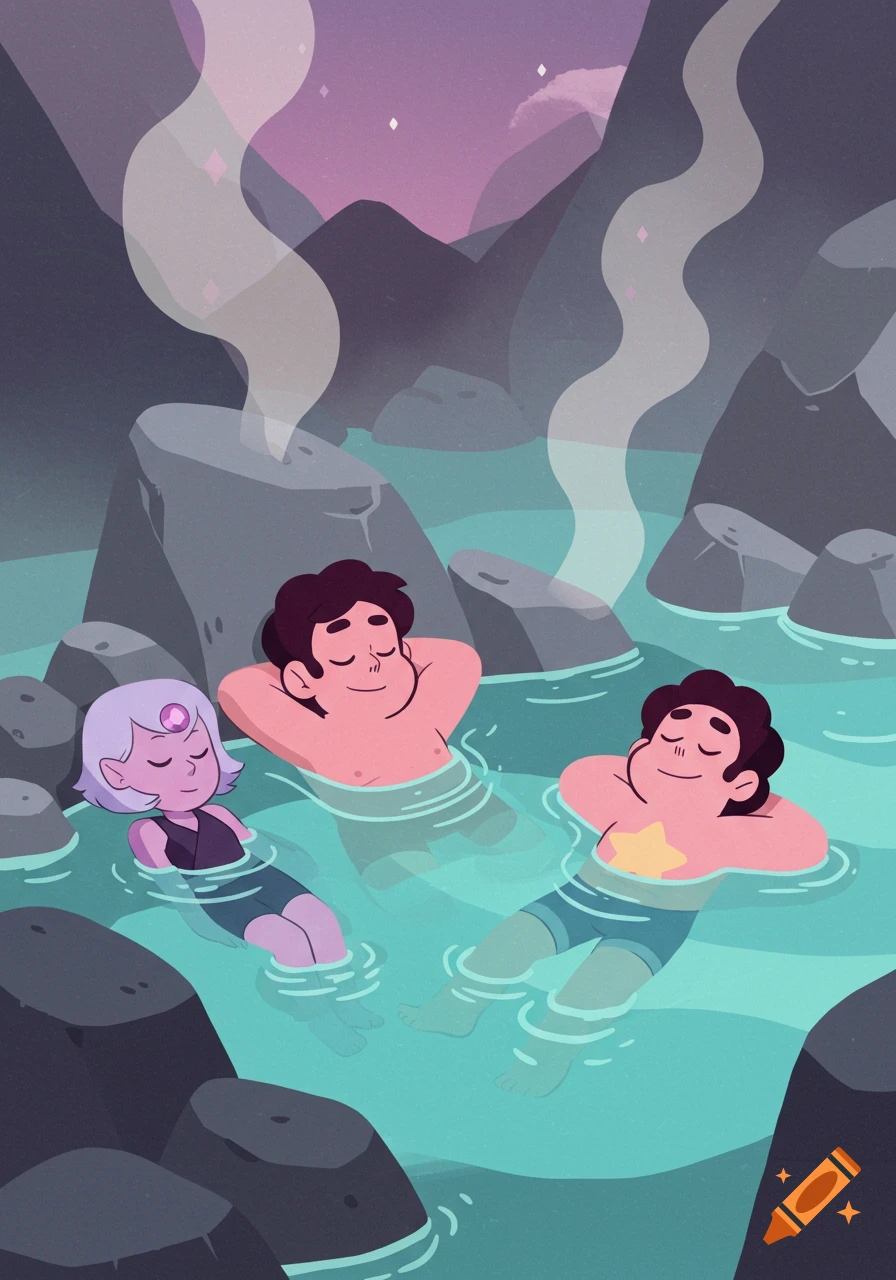 Cartoon characters, including Steven Universe, relax in a serene hot spring surrounded by rocks under a colorful sky.