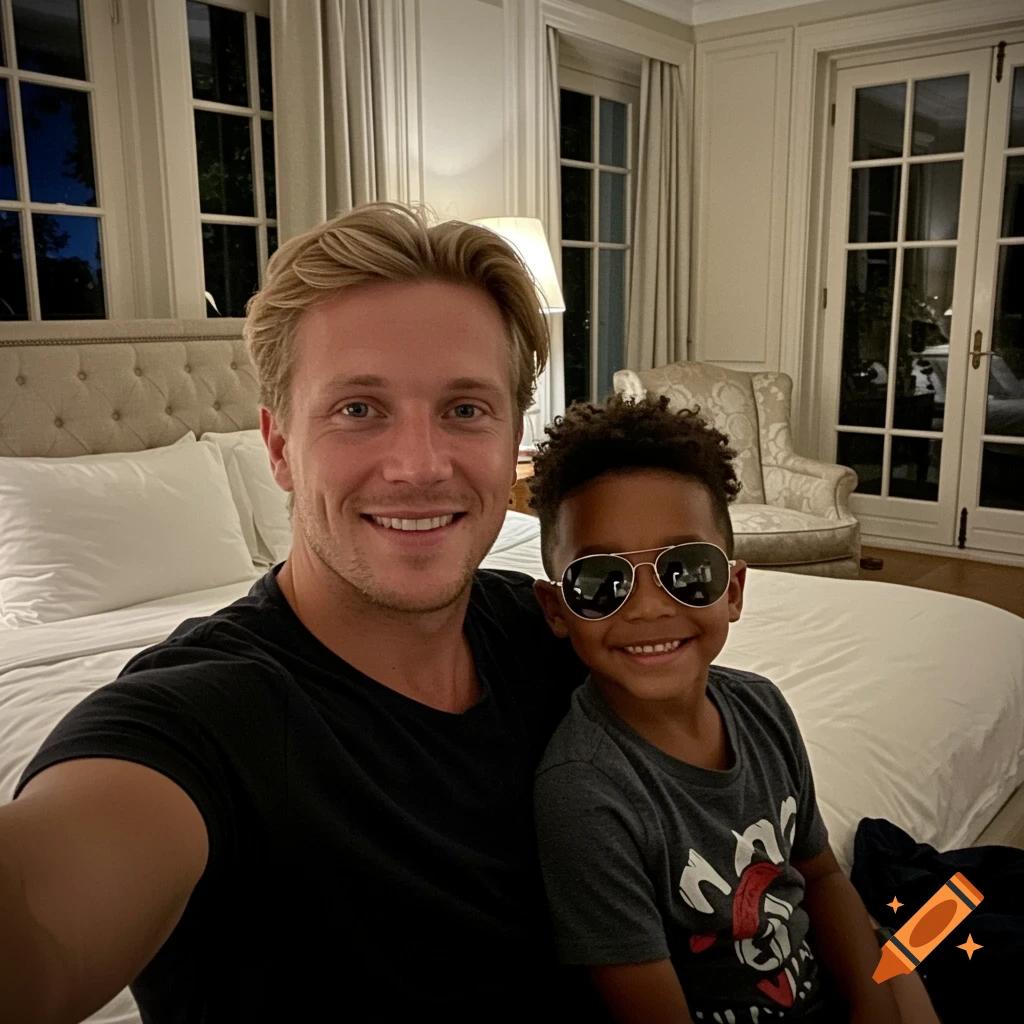 A blonde man and a child with an afro and sunglasses smile in a selfie on a bed in a bedroom.