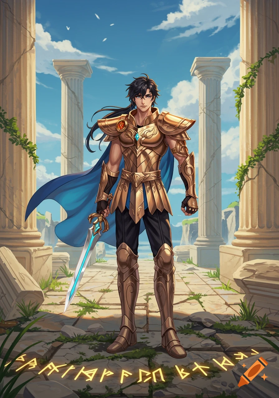 A male hero in ornate golden armor and blue cape stands with a sword between ancient Greek columns.