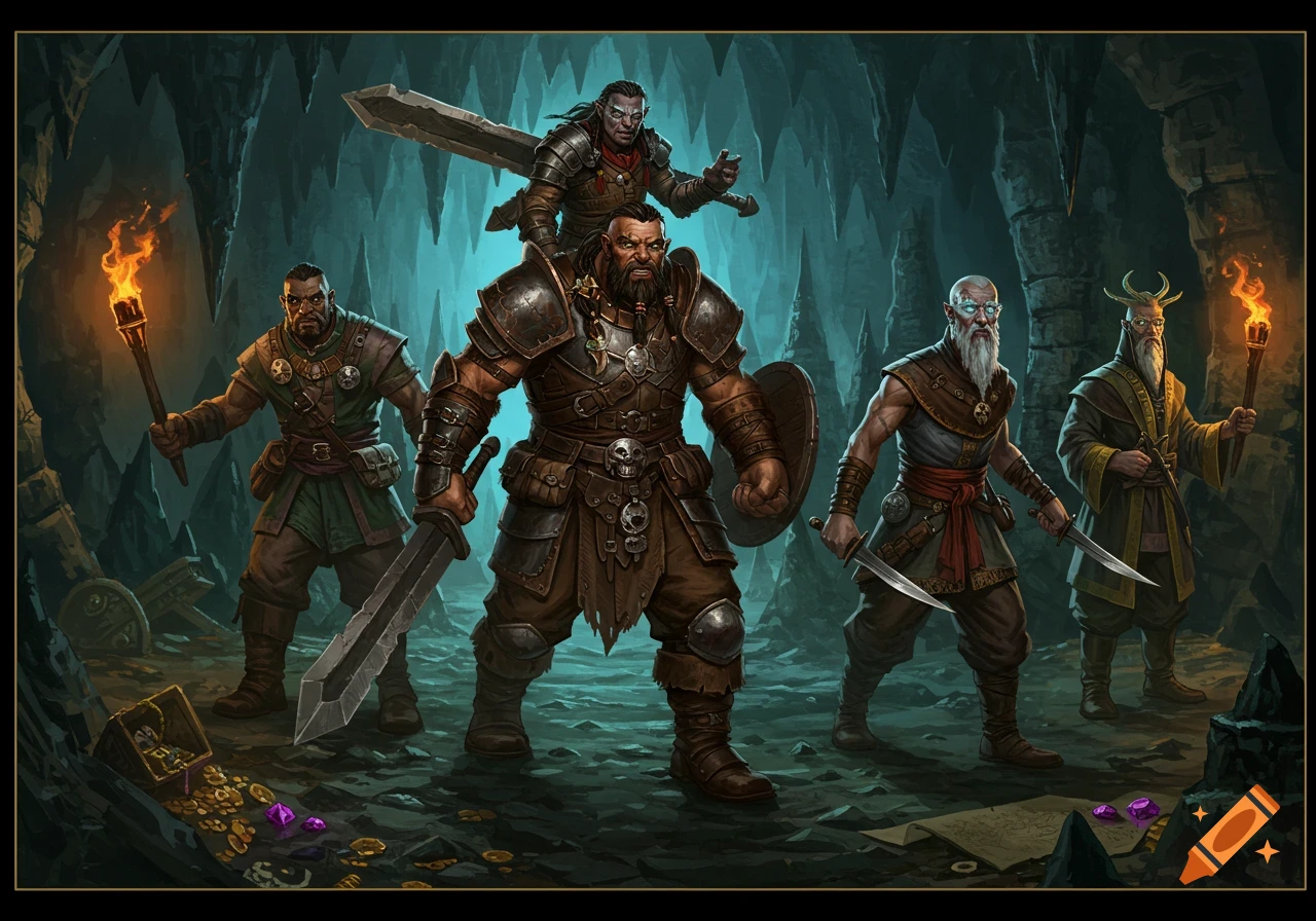 Five fantasy adventurers, armed with swords and torches, explore a dark cave with treasure. Detailed digital illustration.