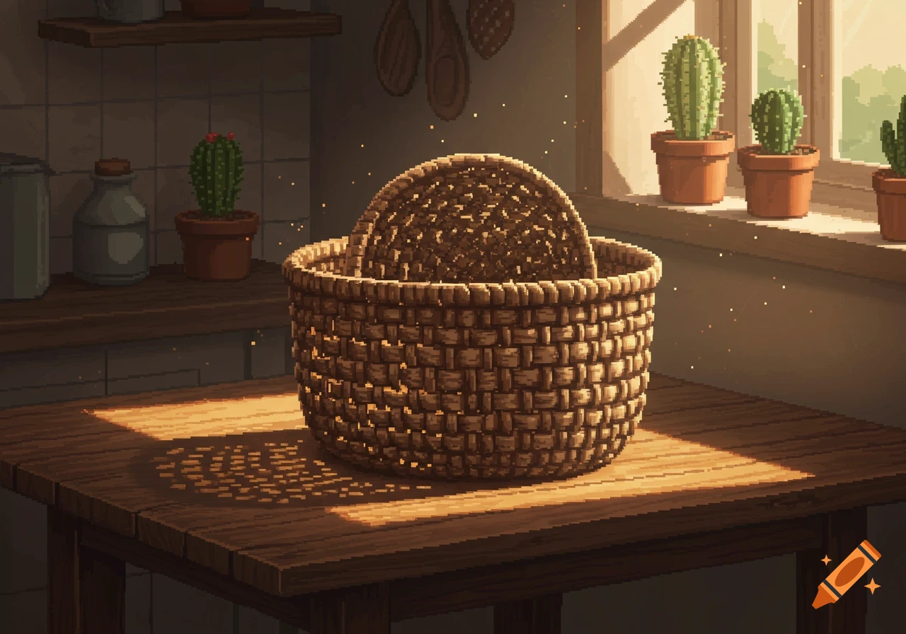 Pixel art of a woven basket on a wooden table in a sunlit kitchen with potted cacti on a windowsill and shelf.
