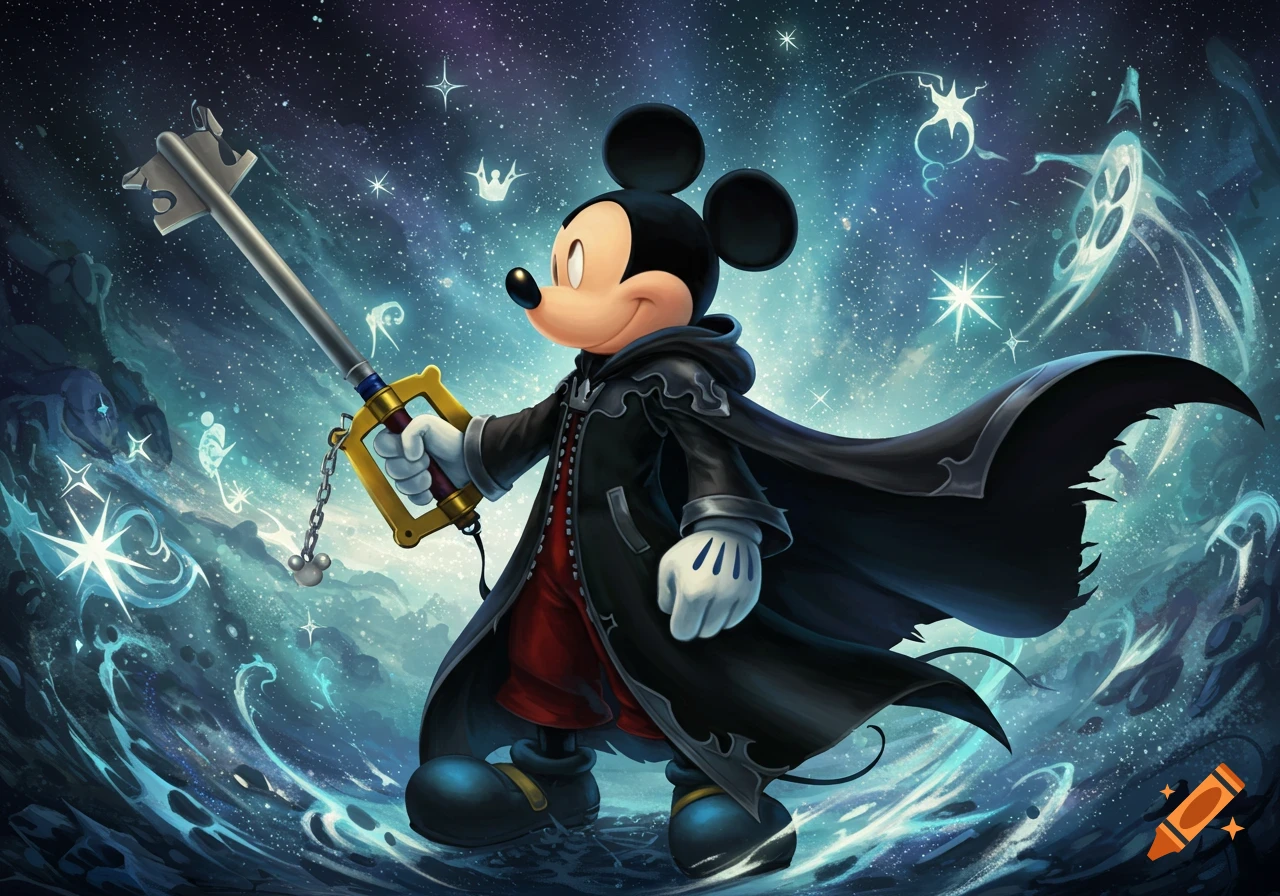 Mickey Mouse in a black coat holds a Kingdom Key D against a starry, cosmic background in a Kingdom Hearts art style.