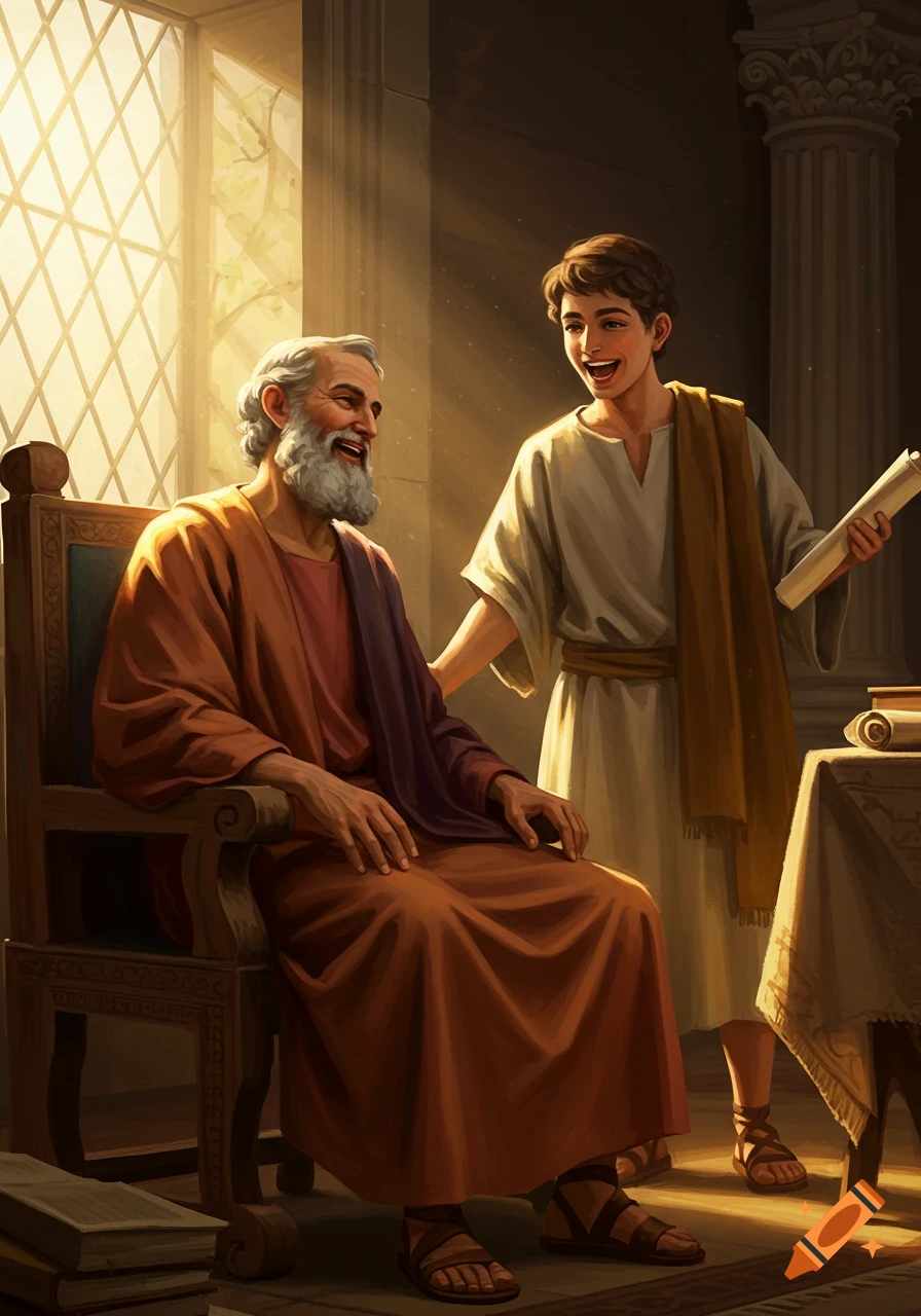 Bearded elder seated, smiling at a young man holding a scroll, both rejoicing in an ancient room with a sunlit window.