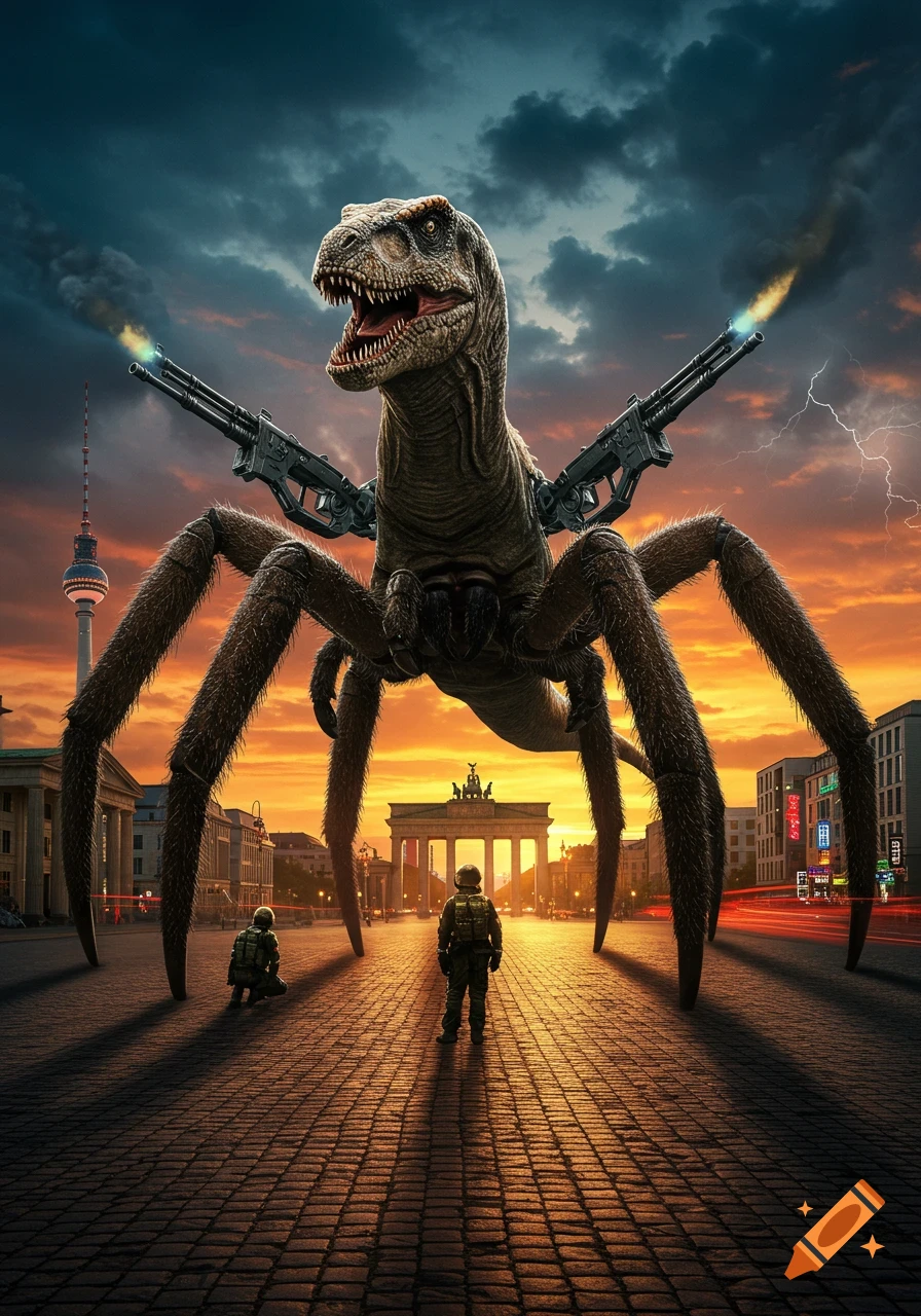 A large, armed dinosaur-spider monster towers over soldiers in a deserted Berlin square, with the Brandenburg Gate and TV Tower under a dramatic sunset.