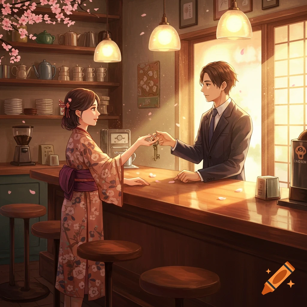 An anime-style illustration of a woman in a kimono passing keys to a man in a suit across a cafe counter, with cherry blossoms.