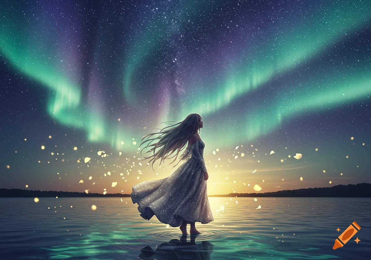 A woman in a shimmering gown stands in water under a vibrant aurora borealis and starry night sky.
