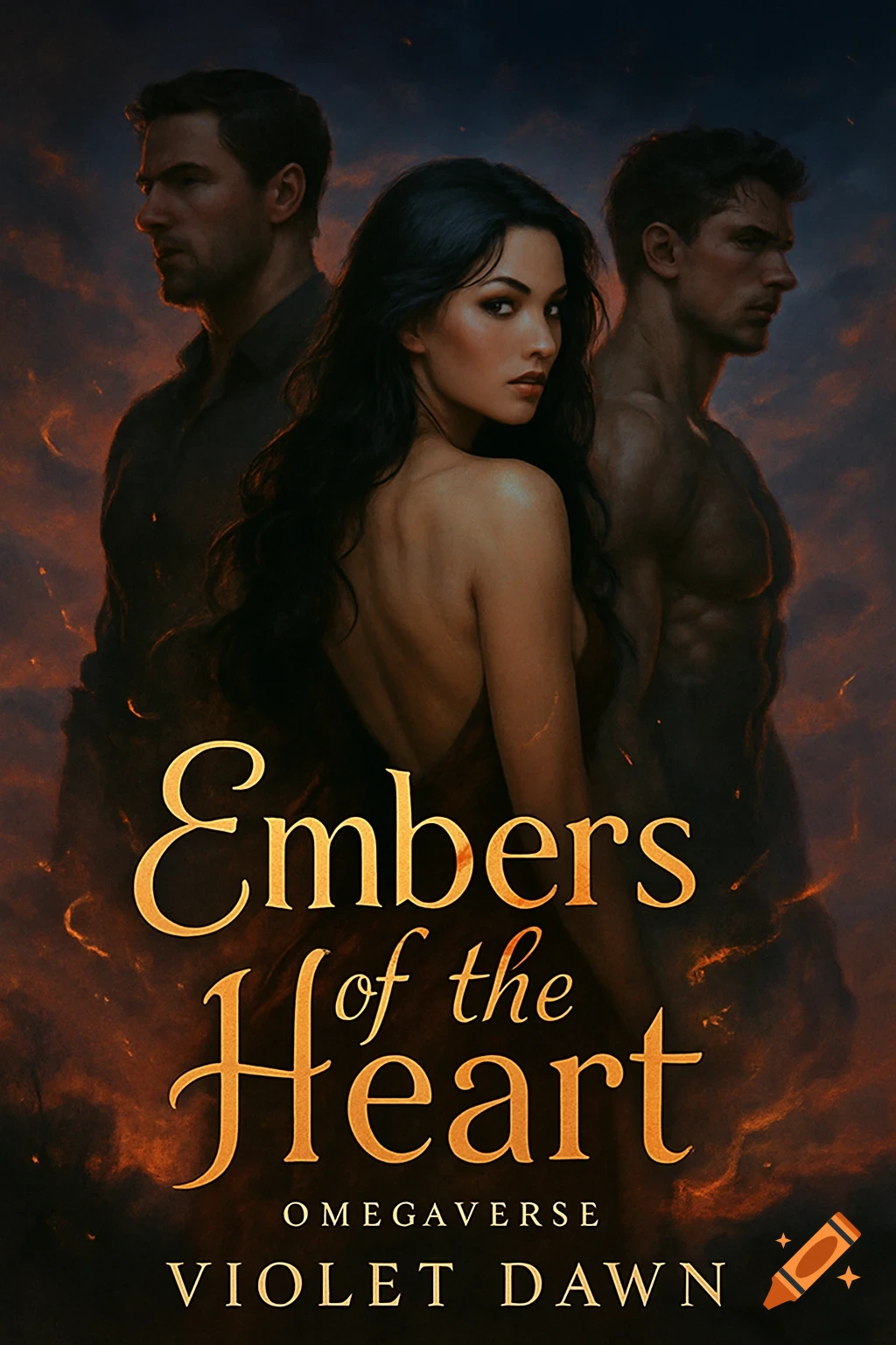 Fantasy book cover 'Embers of the Heart' with a woman and two men against a dramatic fiery backdrop.