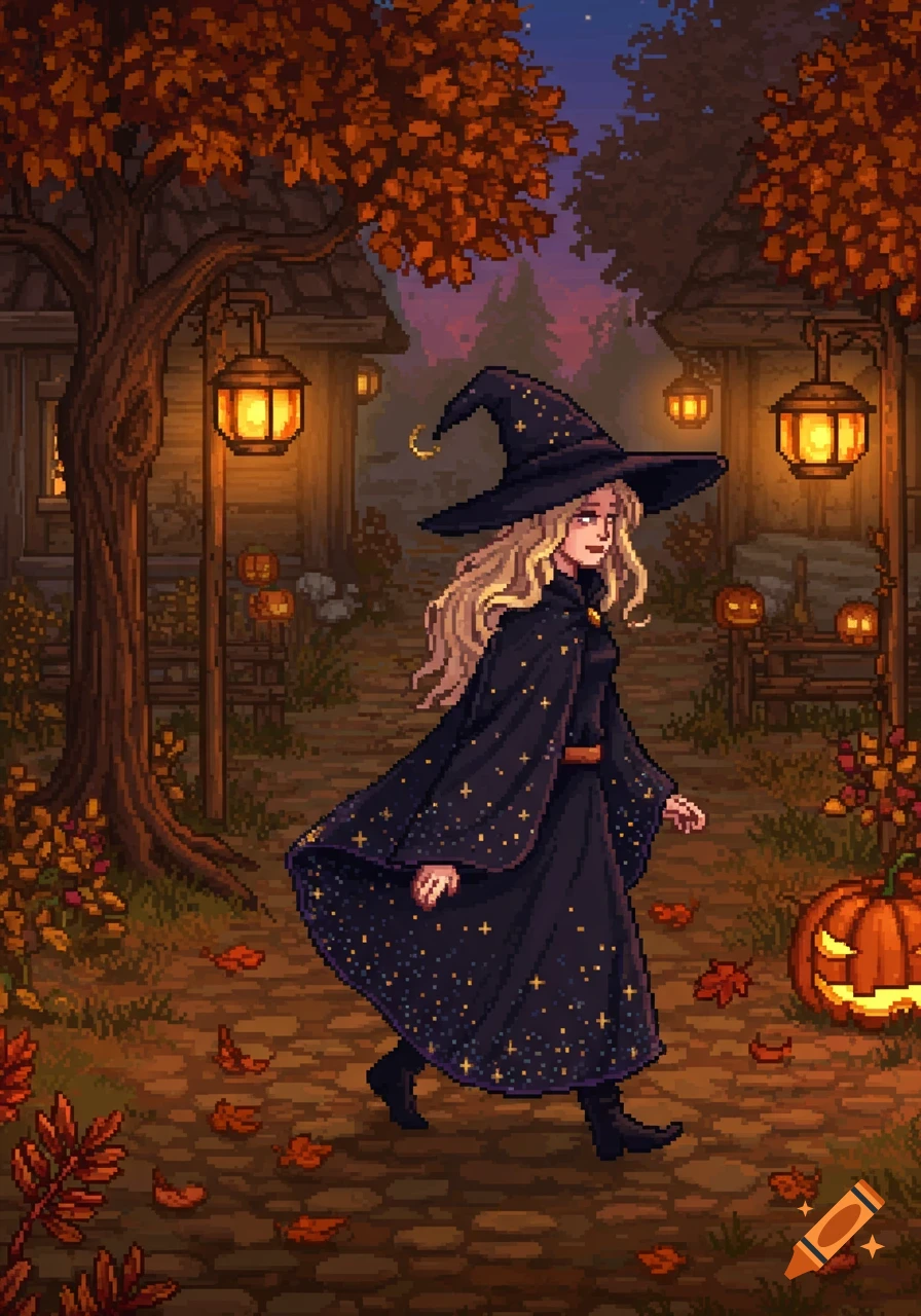 Pixel art of a witch with a pointed hat and a starry cloak walking through an autumn village with glowing lanterns and pumpkins.