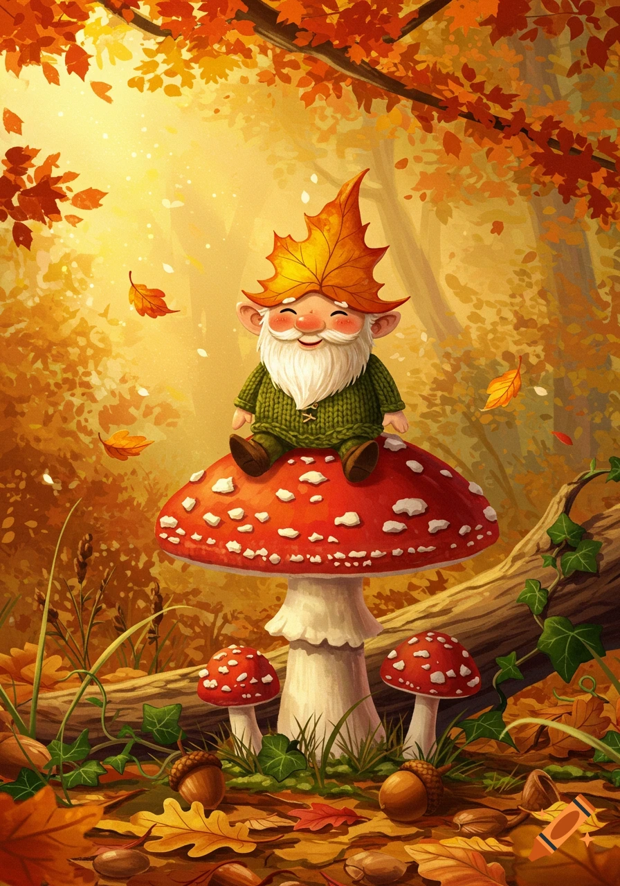 A cute gnome with a leaf hat and white beard sits smiling on a red mushroom in a warm, golden autumn forest. Illustration.