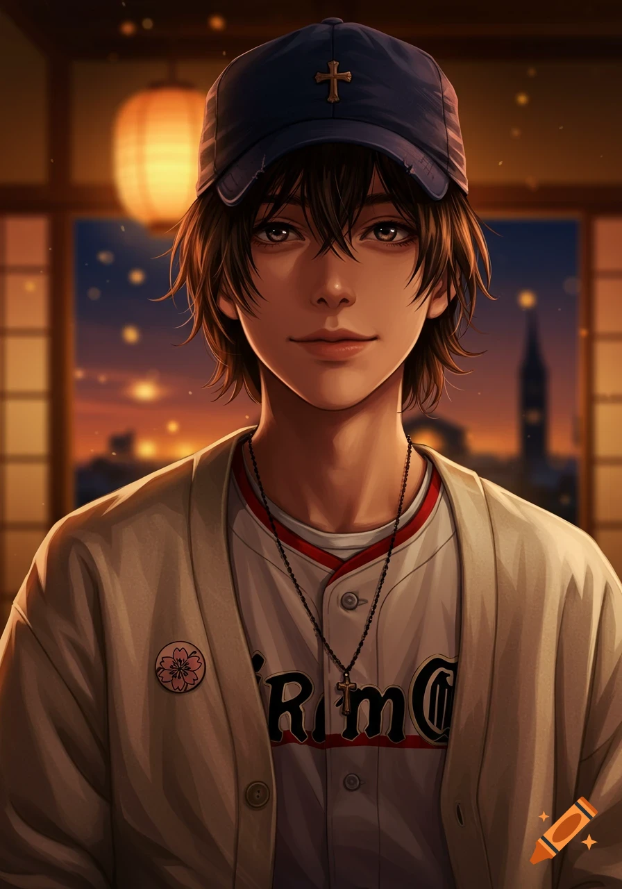 Anime-style portrait of a young person in a baseball cap and cardigan against an evening Japanese interior.