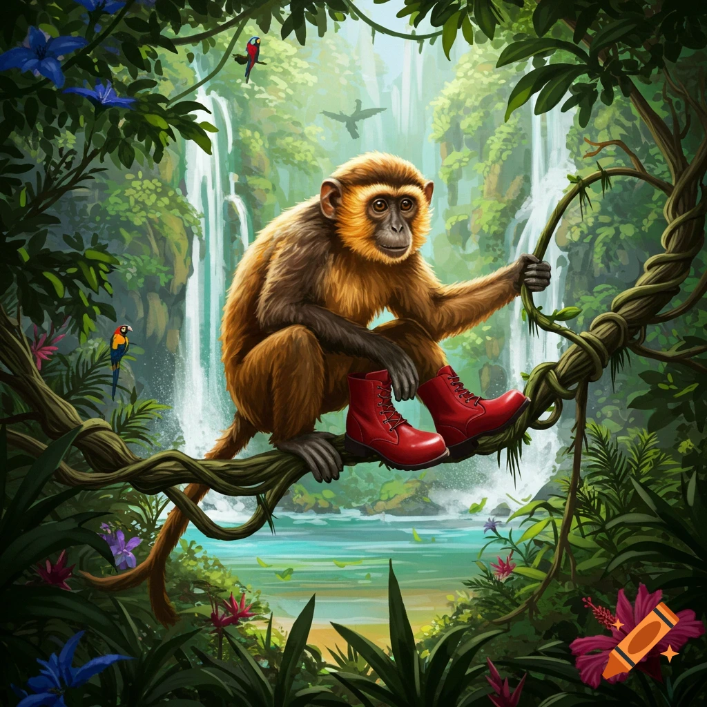 A whimsical monkey with brown fur wears bright red boots while sitting on a vine in a lush green jungle with waterfalls and a river.