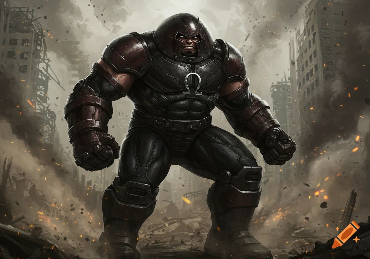 Powerful Juggernaut in dark armor with an Omega symbol stands amidst the rubble of a destroyed city, comic art style.