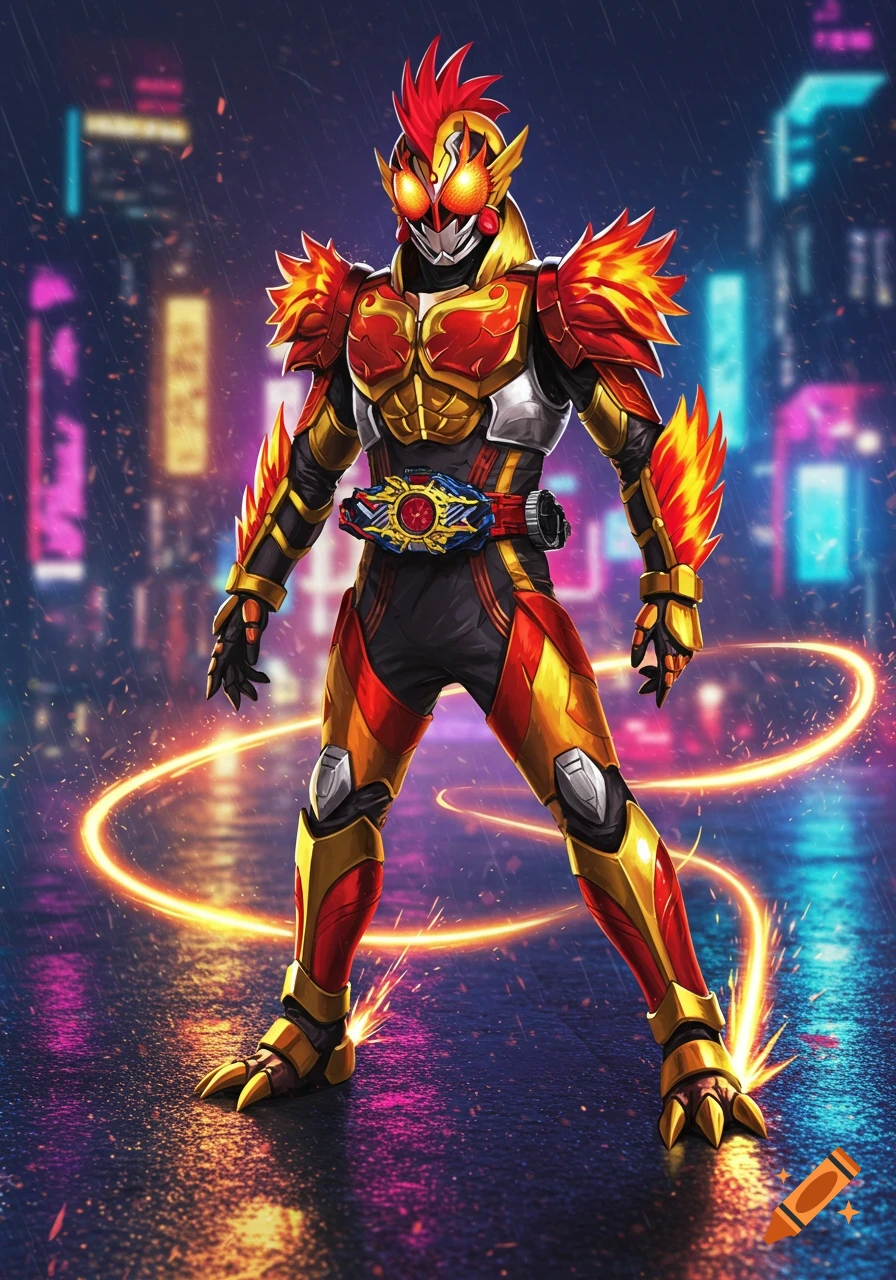 A superhero-like character in a red, gold, and black armored suit with rooster-like fiery features stands in a rainy, neon-lit cyberpunk city.