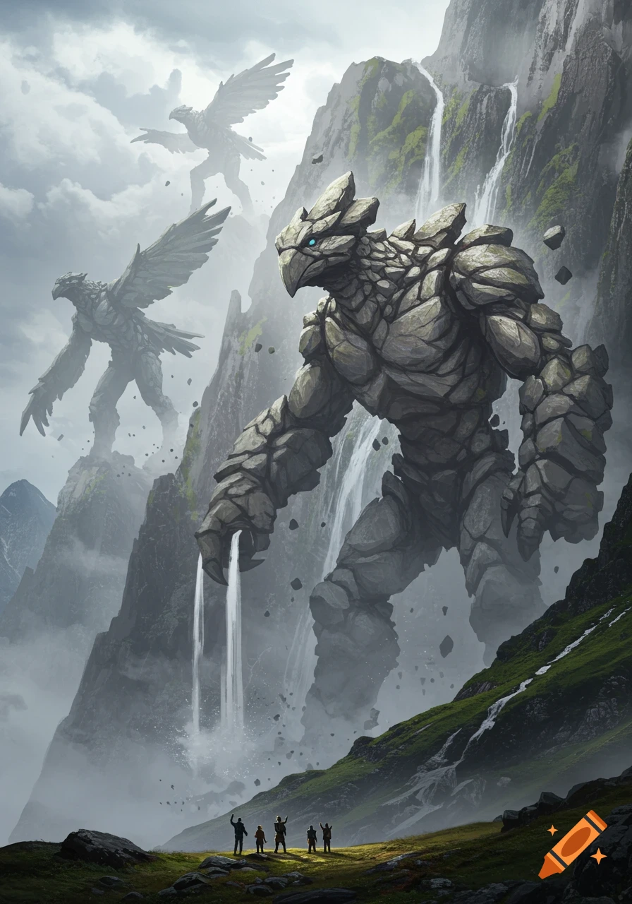 Gigantic rock bird monsters, one with waterfalls from its hands, tower over small humans in a misty mountain landscape, fantasy art.