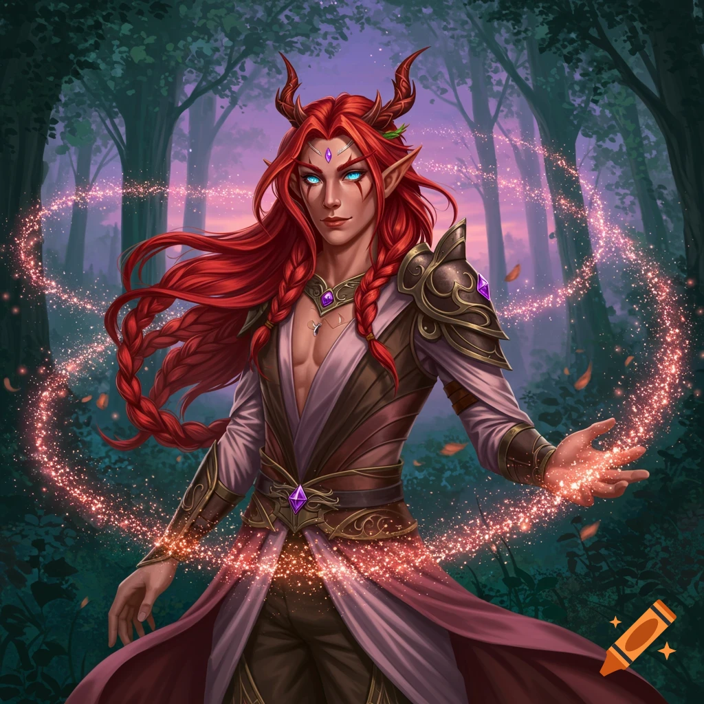A genderfluid elf with long red braided hair, horns, and glowing blue eyes, casting a spell with shimmering pink magic in a mystical forest.
