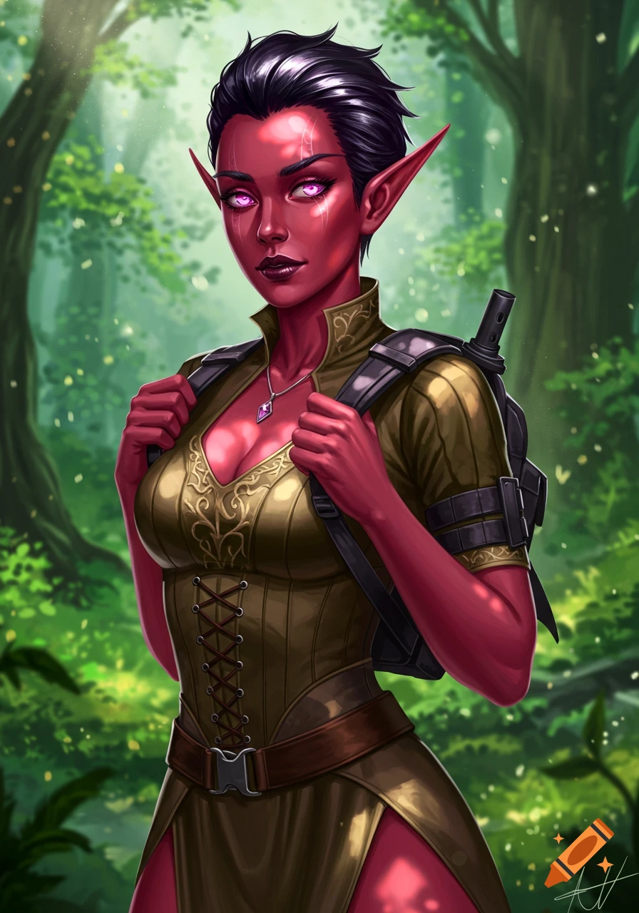 A red-pink skinned female elf with short dark hair and pink eyes, wearing a gold corset dress and backpack, standing in a magical forest in a fantasy art style.