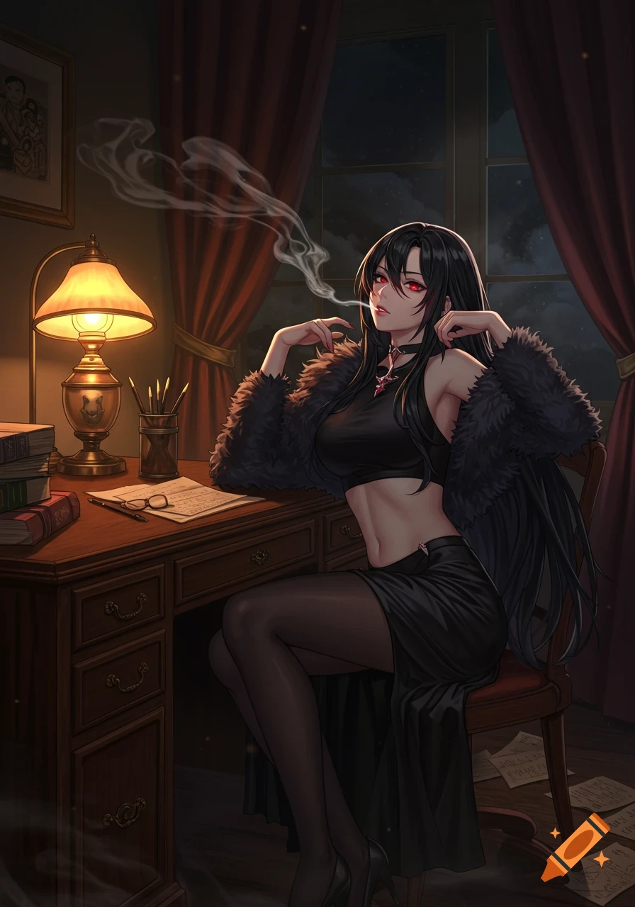 An anime woman with long black hair and red eyes sits at a desk, smoking a cigarette in a dark room.