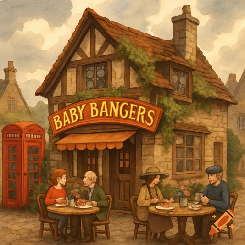 A watercolor illustration of a charming English cafe called 'Baby Bangers' with people dining outdoors and a red telephone booth.