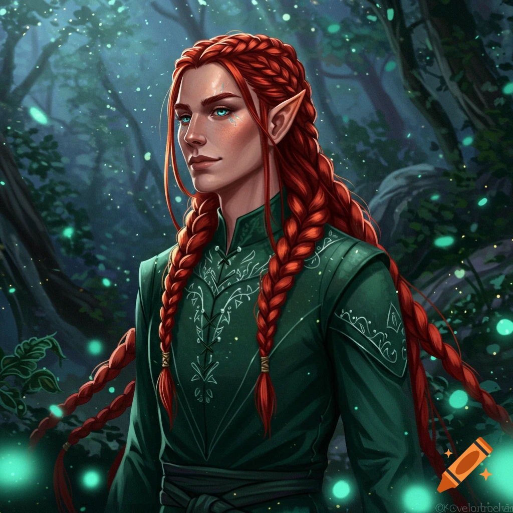 Digital painting of an elf with long red braided hair, green tunic, and blue eyes in a magical forest with glowing lights.