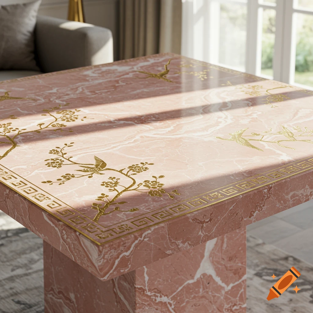 Photorealistic pink marble square tabletop with gold chinoiserie bird and floral patterns, in a bright interior.