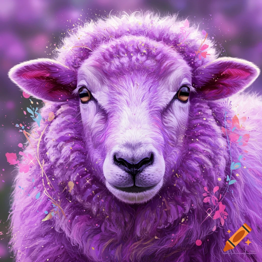 Close-up of a purple sheep's face adorned with colorful paint splatters and golden flecks, on a blurred purple background.