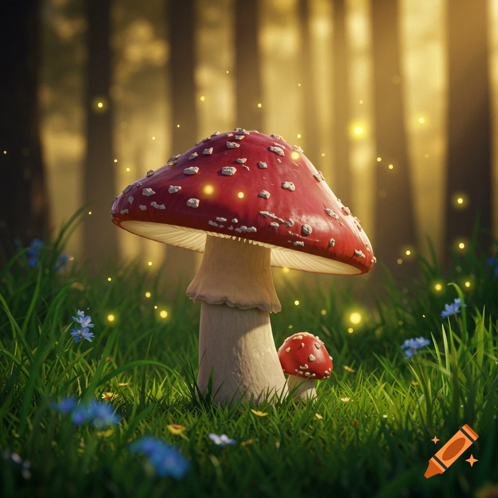 A close-up of a red and white spotted mushroom with glowing details in a magical forest with fireflies, photorealistic style.
