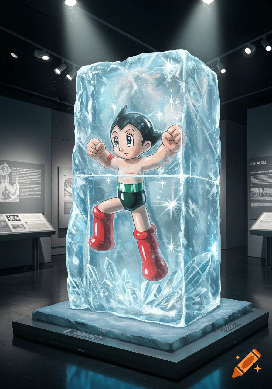 Astro Boy in his classic outfit, frozen in a large, sparkling block of ice, displayed as an exhibit in a dimly lit museum.
