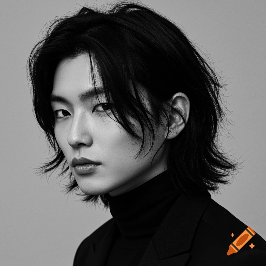 Black and white portrait of a person with dark, layered hair, wearing a black turtleneck and jacket.