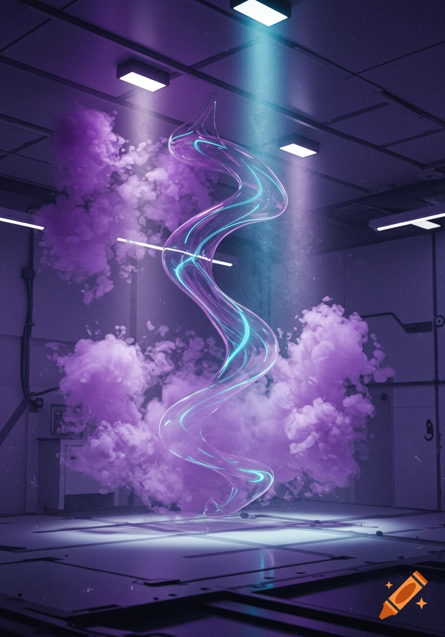 A glowing, swirling purple and blue energy column rises from the floor in a futuristic, dark room filled with purple smoke and bright overhead lights.