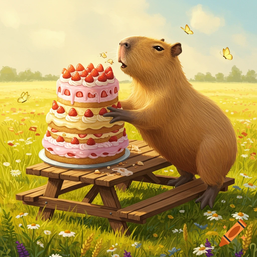 A capybara reaches for a large, multi-tiered strawberry cake on a picnic table in a sunny, flower-filled field with butterflies.
