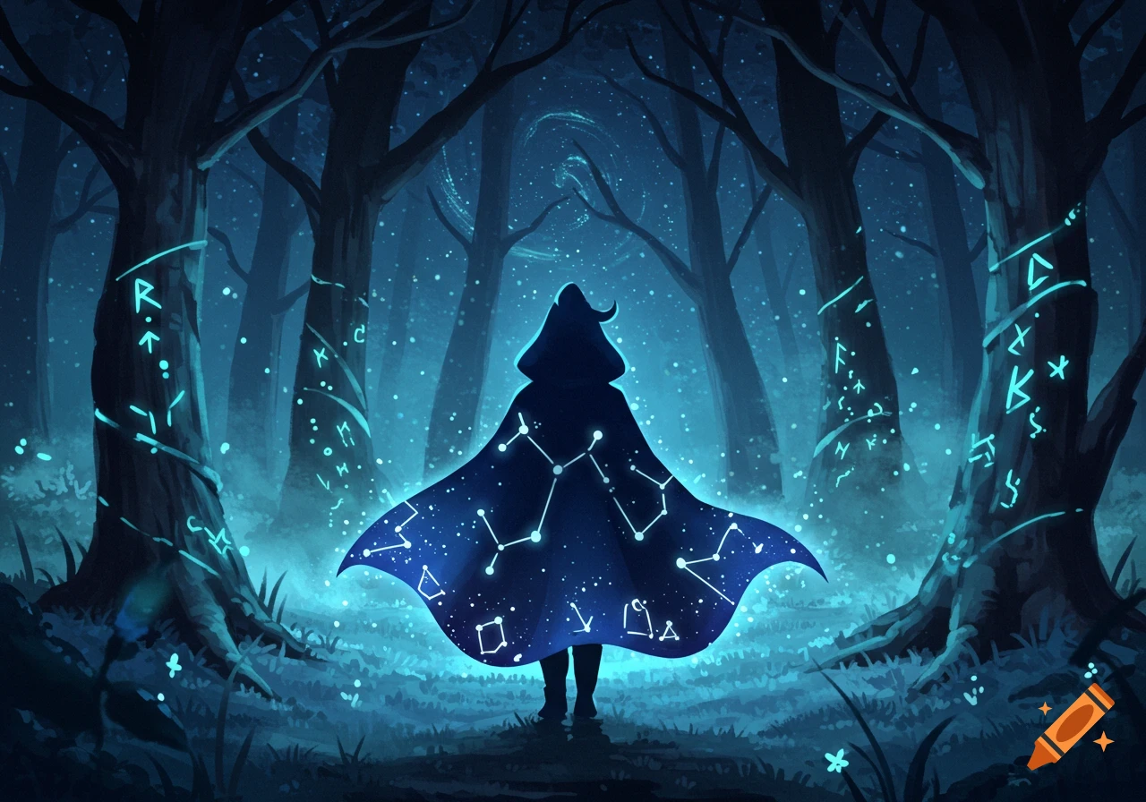 A hooded figure wearing a dark cape with glowing constellations stands in a dark, magical forest with glowing blue runes on tree trunks.