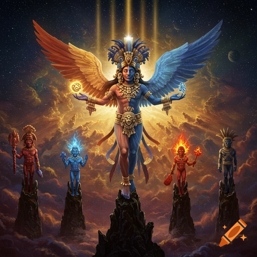 A central winged deity with red and blue skin, holding glowing orbs, stands on a rock, flanked by four smaller deities in a celestial sky.