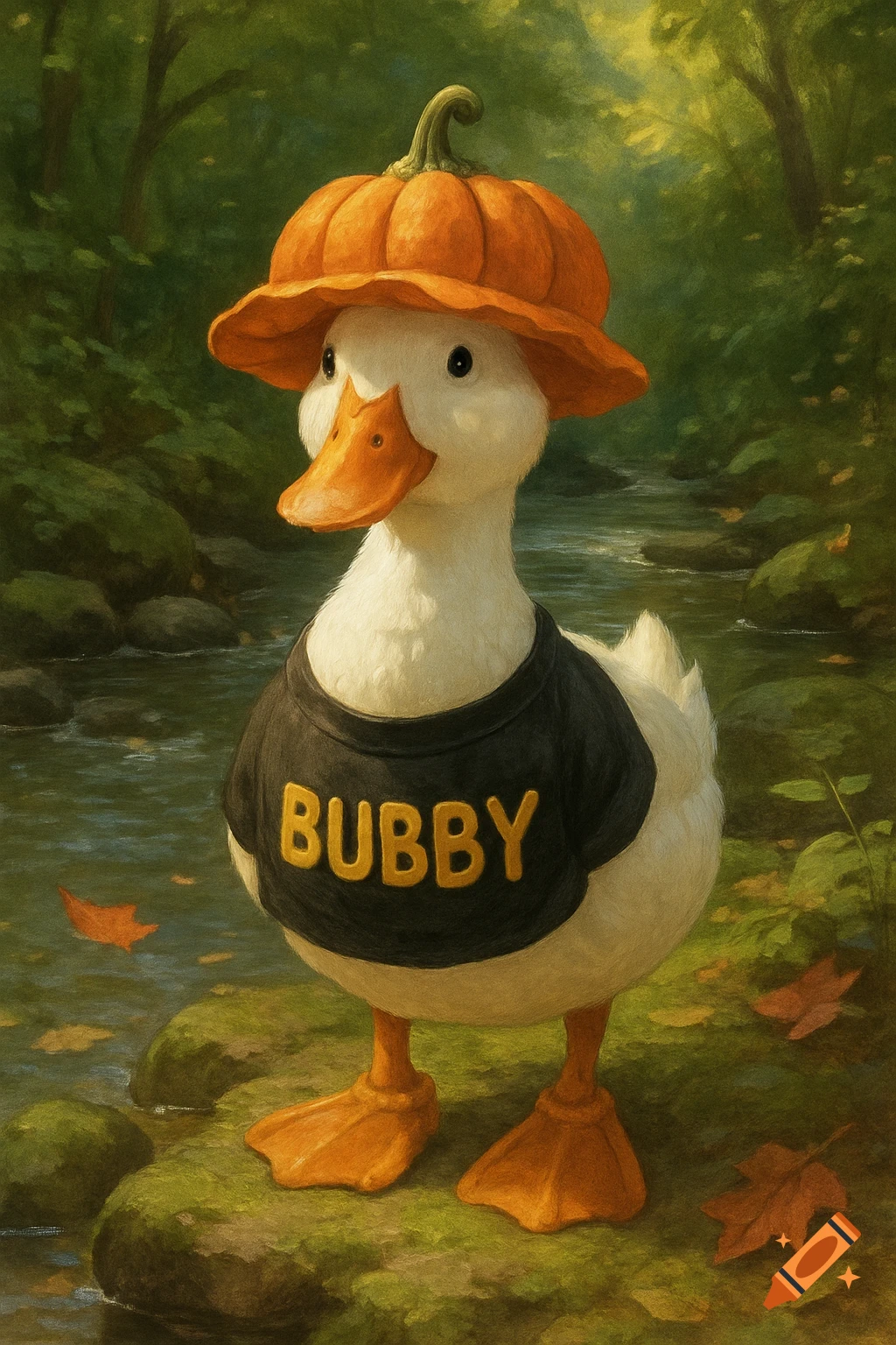 A white duck wearing an orange pumpkin hat and a black shirt that says 'BUBBY' stands on mossy rocks in a forest stream.