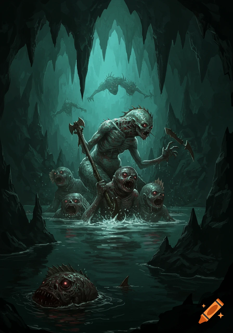 Dark fantasy illustration of grotesque, red-eyed aquatic monsters emerging from murky water in a gloomy, teal-lit cave.