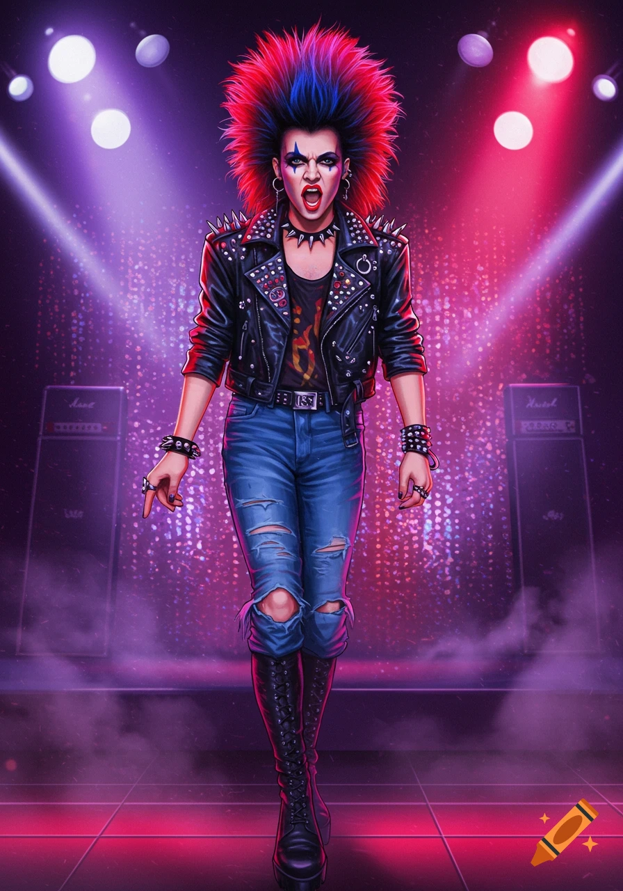 A stylized punk rock musician with a red and blue mohawk, spiked leather jacket, and ripped jeans, on a stage with purple and red lights.