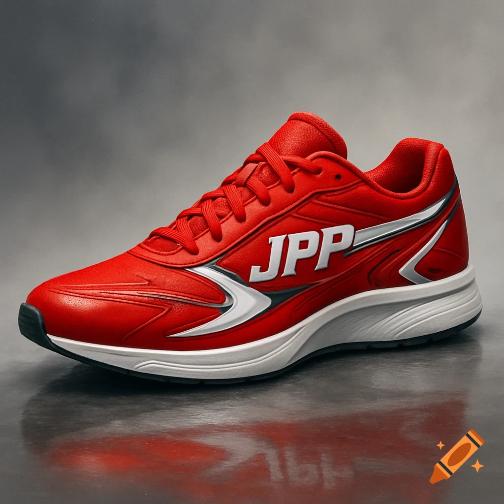 Photorealistic red athletic shoe with white and gray accents and a 'JPP' logo on the side.