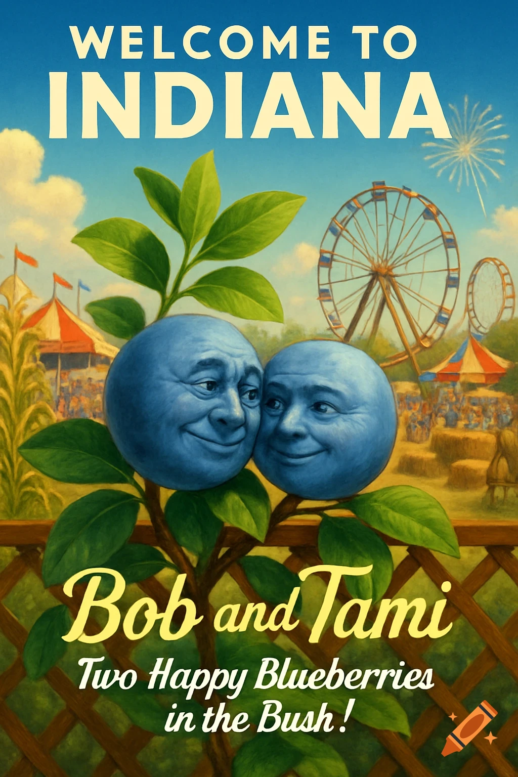 Vintage-style poster, 'Welcome to Indiana', featuring two blueberries with human faces, Bob and Tami, looking at each other, with a fair background.