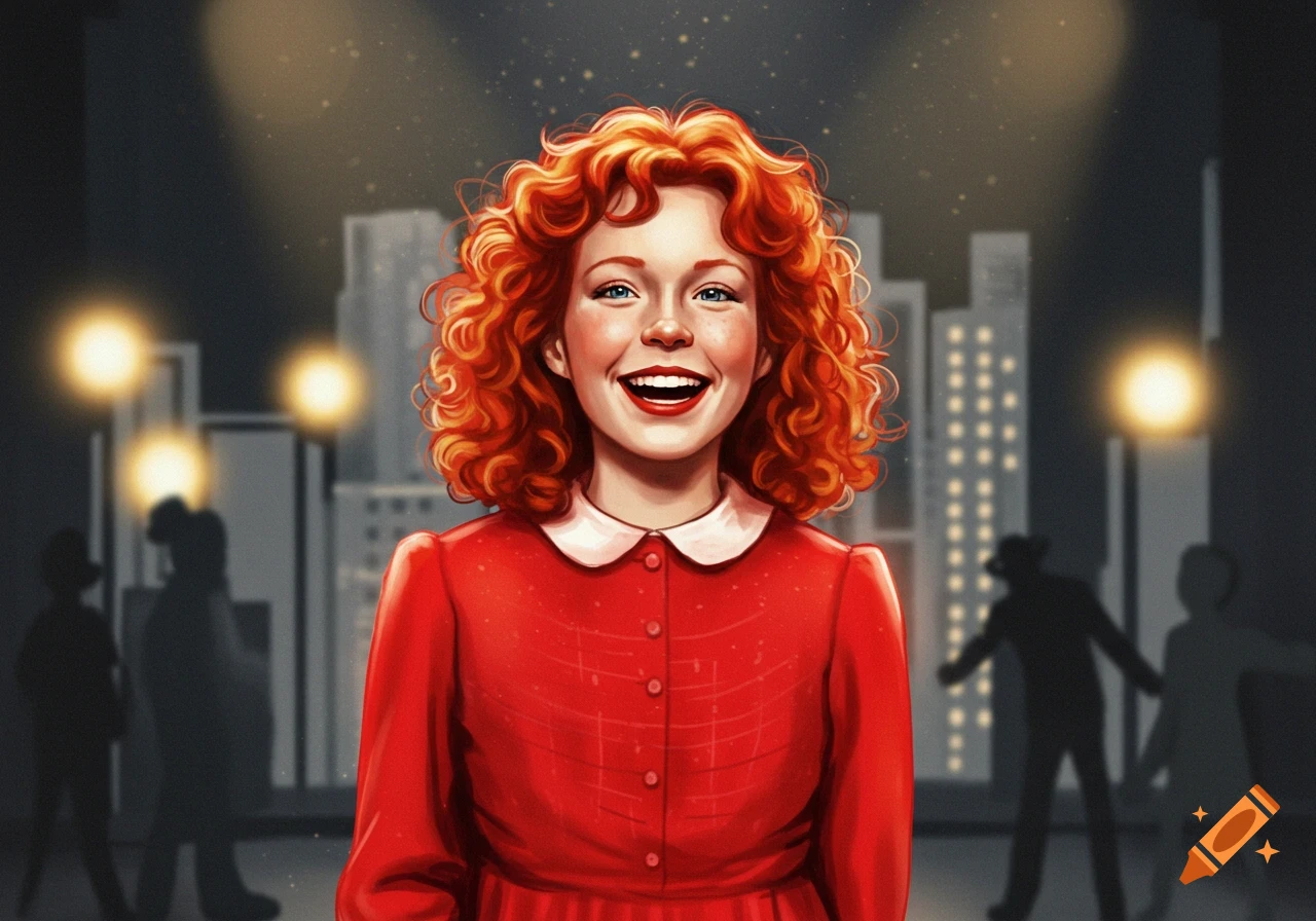 Smiling red-haired girl in a red dress under spotlights, with a stylized cityscape background. Digital illustration.