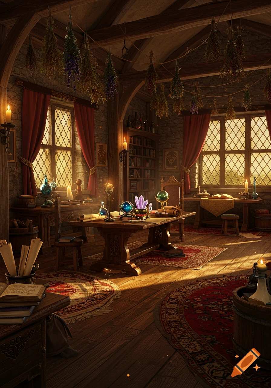 A warmly lit medieval wizard's study, filled with potions, glowing crystals, scrolls, and ancient books on wooden tables and shelves.