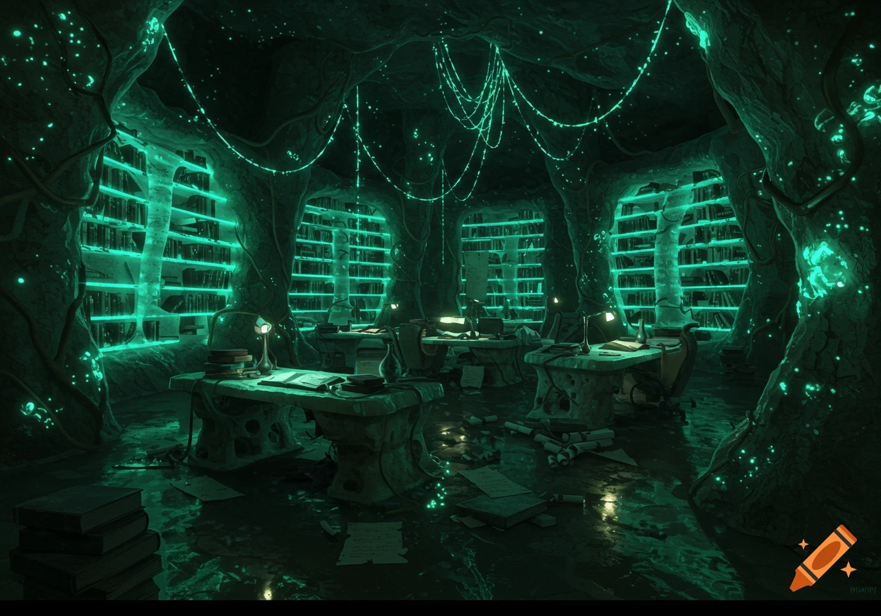 Dark, mysterious cave library with bioluminescent green shelving, stone desks, books, and glowing lights.