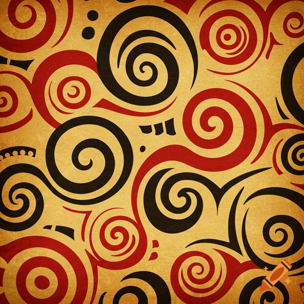 Seamless pattern of black and red tribal swirls and dots on a textured, aged beige background.
