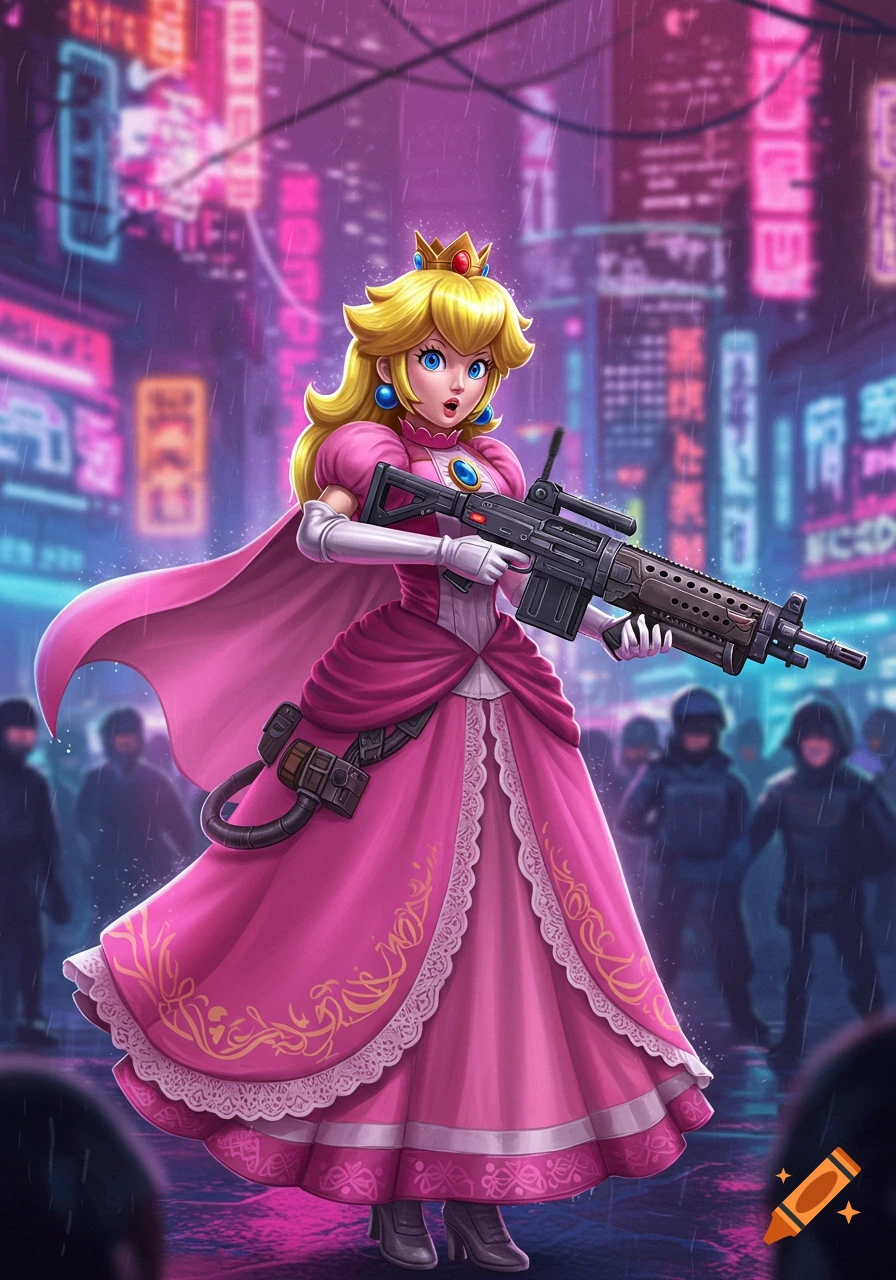 Princess Peach in a pink dress and crown holds a machine gun on a rainy, neon-lit cyberpunk city street.