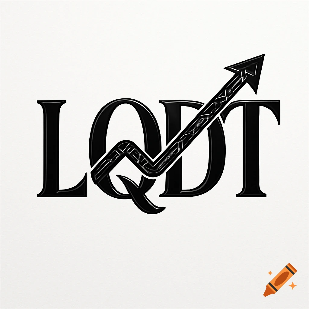 Black LQDT letters with a decorative uptrend arrow cutting through them, on a white background, forming a logo.